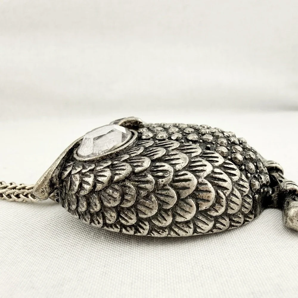 Vintage Owl Pendant Necklace Rhinestone Eyes Chunky Silver Tone Cast Metal 36